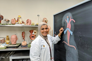 Dr. Yasmeen Mezil drawing on chalk board in front of anatomical models 